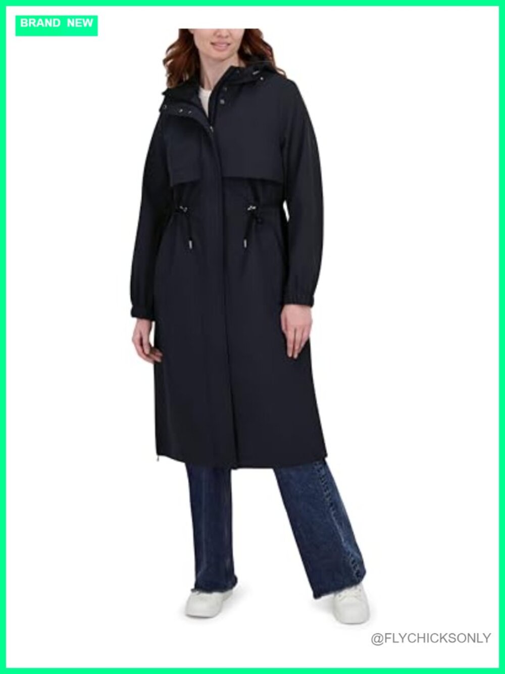 Softshell Trench Coat Long Hooded Rain Jacket Cinch Waist